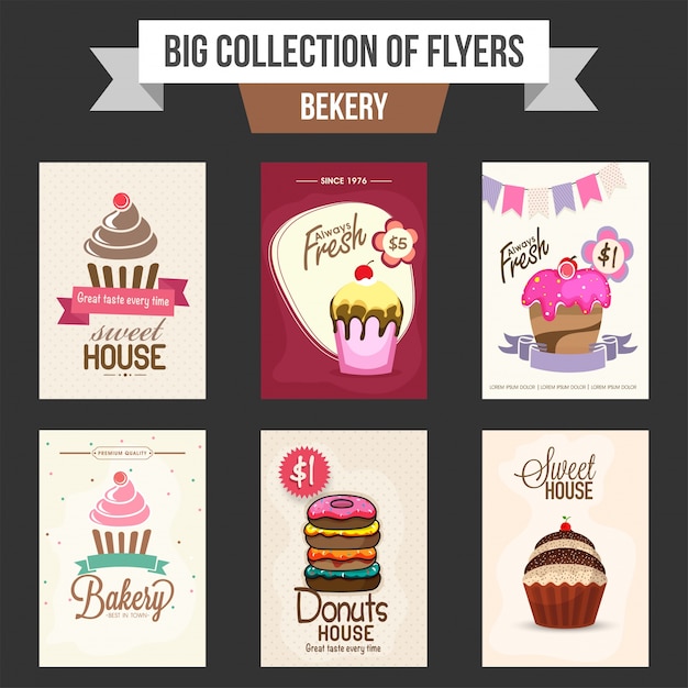 Kostenloser Vektor große sammlung von bäckerei flyer oder vorlagen design mit abbildung der süßen cupcakes und donut