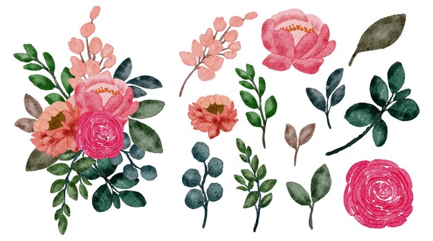 Großer botanischer Satz wilder Blumen Satz von separaten Teilen und zusammenbringen zu einem schönen Blumenstrauß in Wasserfarben auf weißer Hintergrund-Flachvektorillustration