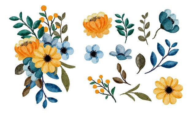 Großer botanischer Satz wilder Blumen Satz von separaten Teilen und zusammenbringen zu einem schönen Blumenstrauß in Wasserfarben auf weißer Hintergrund-Flachvektorillustration