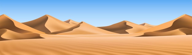 Kostenloser Vektor großer realistischer hintergrund von sanddünen wüstenlandschaft mit blauem himmel