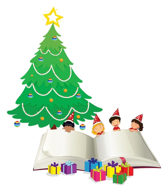 Kostenloser Vektor großes buch und kinder am weihnachtsbaum