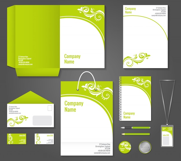 Kostenloser Vektor grüne floralen wellenförmige business-briefpapier vorlage für corporate identity und branding-set vektor-illustration