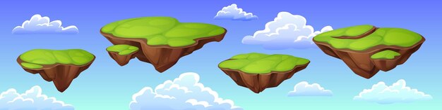Grüne Inseln, die in blauen Himmel mit Wolken fliegen. Vektor-Cartoon-Illustration von bunten schwimmenden Spielplattformen, Landstücken, die in der Luft hängen, Fantasie-Sommerlandschaft, Computer-GUI-Hintergrunddesign
