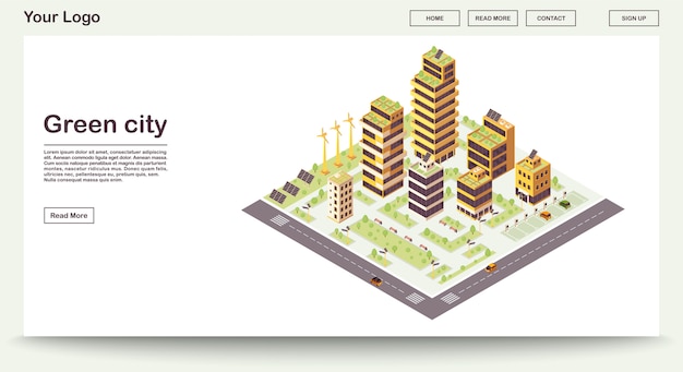 Grüne stadt webseitenvorlage mit isometrischer illustration