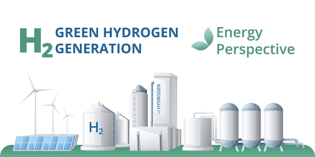 Kostenloser Vektor grüne wasserstoffenergie-kraftstofferzeugung cartoon-hintergrundzusammensetzung mit text und alternativen energiequellen, horizontale ansicht, vektorgrafik
