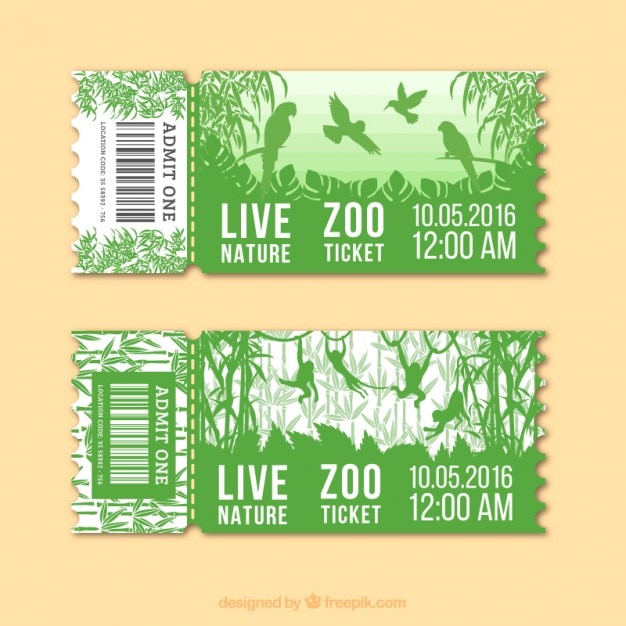 Kostenloser Vektor grüne zoo-tickets mit vögeln und affen