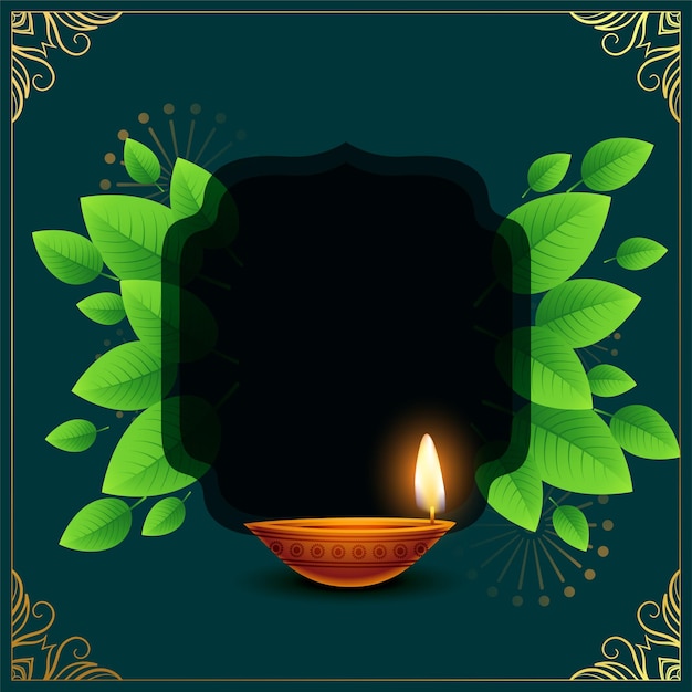 Grüner traditioneller diwali-hintergrund mit glühender diya und bildraumvektorillustration