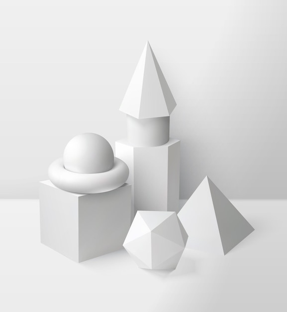Grundformen Zusammensetzung mit Dreieck Kugel und Würfelsymbolen realistische Illustration