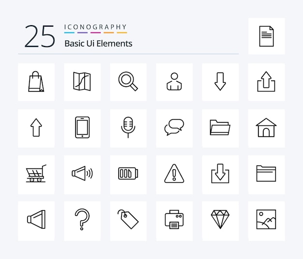 Grundlegende Ui-Elemente 25-Zeilen-Icon-Pack einschließlich Abwärtspfeil Lupe Person männlich