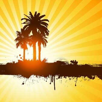 Grunge-stil silhouetten der palmen auf sunburst hintergrund
