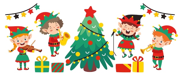 Gruppe von cartoon-elfs, die weihnachten feiern