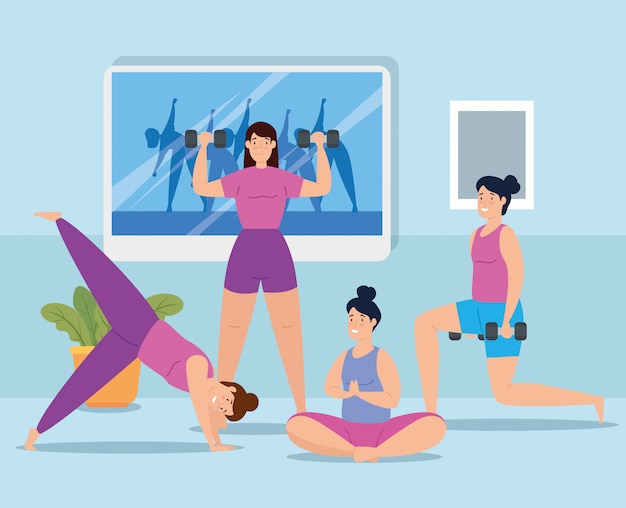 Kostenloser Vektor gruppe von frauen zu hause workout vektor-illustration design