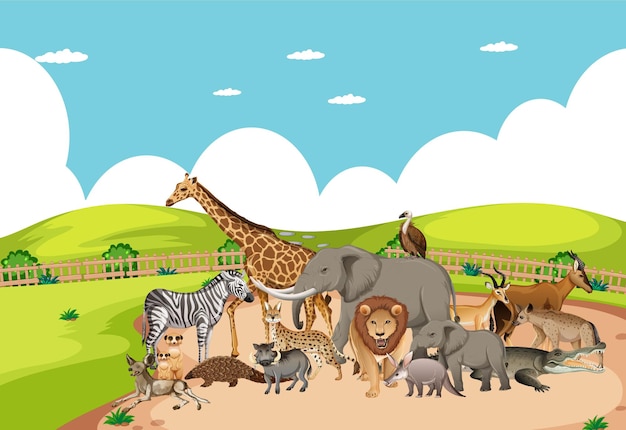 Kostenloser Vektor gruppe wilder afrikanischer tiere in der zooszene