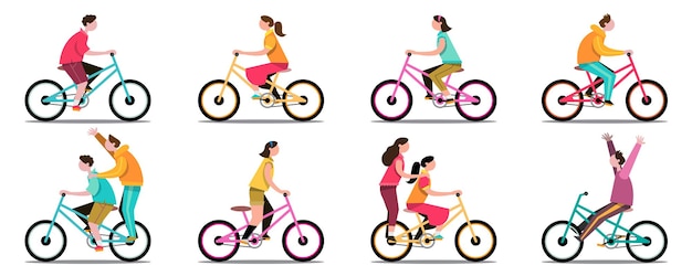 Gruppen von kindern fahren während der schulferien fahrrad in einem park und haben spaß. flaches vektorillustrationsdesign