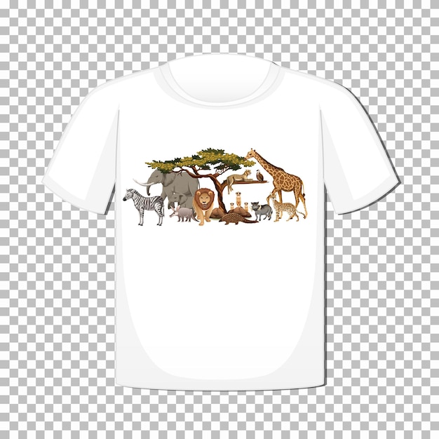 Kostenloser Vektor gruppendesign der wilden tiere auf dem t-shirt, das auf rasterhintergrund lokalisiert wird