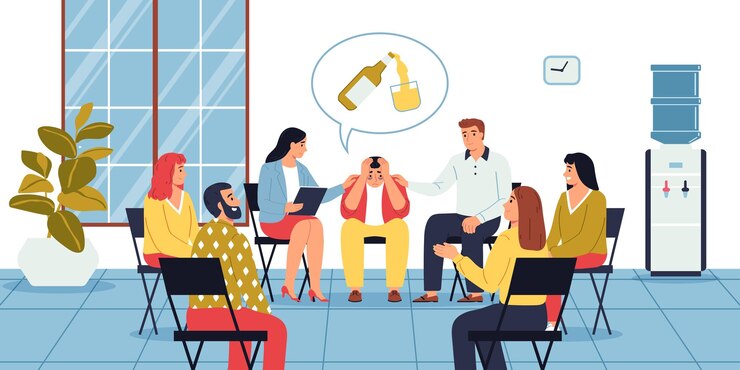 Kostenlose Vektor gruppentherapie bei alkoholikern anonymer club flacher hintergrund mit psychologe und menschen sitzen in kreis vektor-illustration