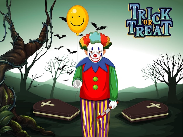 Gruseliger Clown, der Ballon auf dunklem Friedhofswaldhintergrund hält
