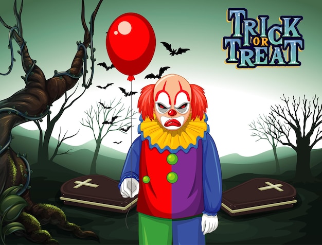Gruseliger clown, der ballon auf dunklem friedhofswaldhintergrund hält
