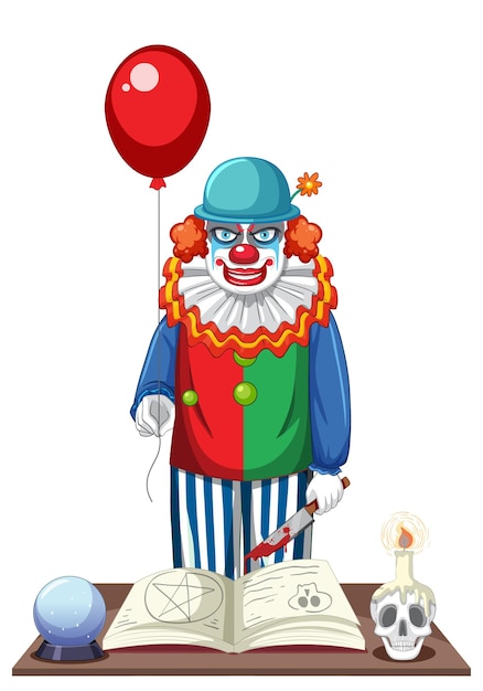 Gruseliger clown mit ballon auf weißem hintergrund