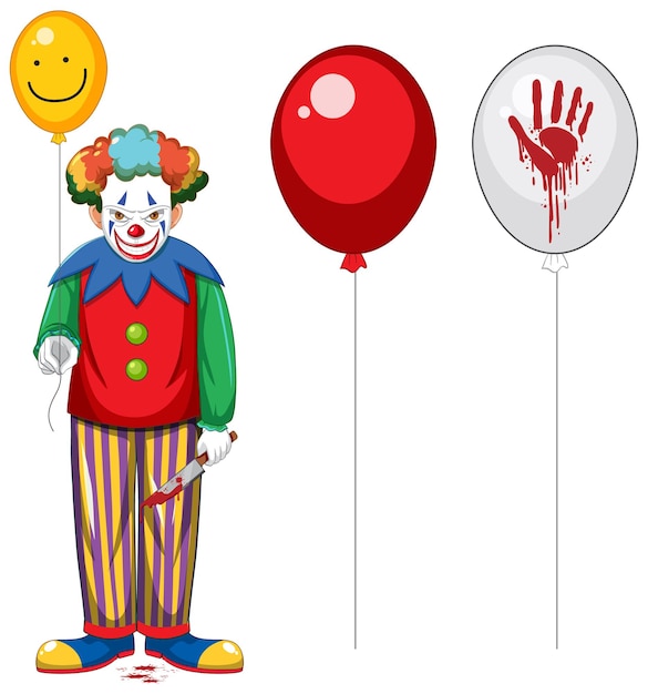 Kostenloser Vektor gruseliger clown mit ballon auf weißem hintergrund