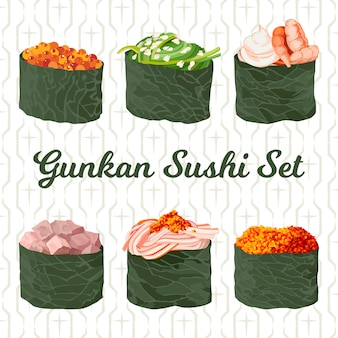Gunkan sushi maki set mit kaviar thunfisch garnelen algen krabben tobiko food vector illustration