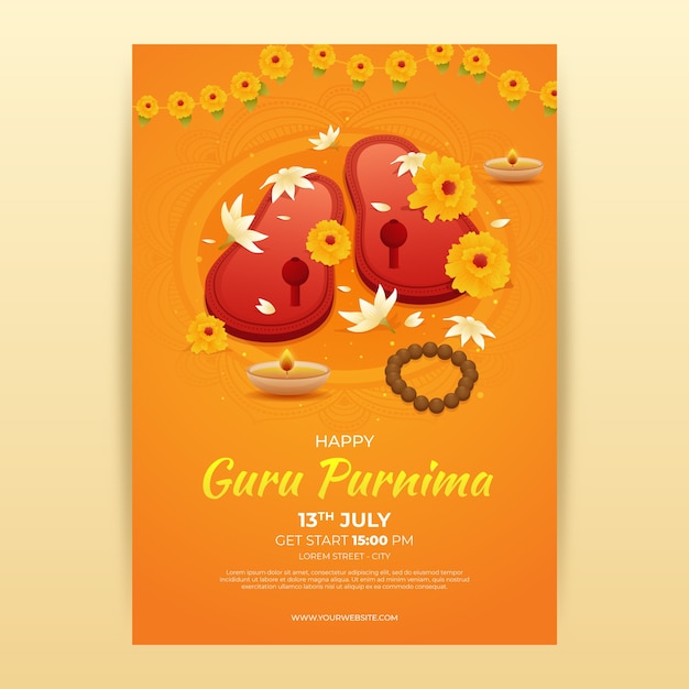 Guru purnima-plakatvorlage mit farbverlauf und flip-flops