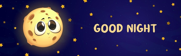 Gute nacht-cartoon-banner mit süßem mond und leuchtenden gelben sternen am blauen himmel wünsche für süße träume mit kawaii luna-persönlichkeit mit großen augen und kratern schlafenszeit hintergrund vektor-illustration