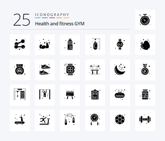 Kostenloser Vektor gym 25 solid glyph icon pack inklusive food watch bag sport sport