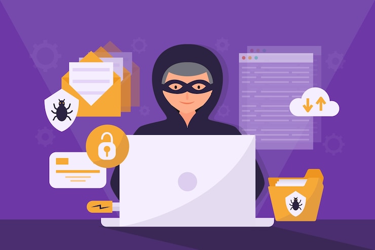 Kostenlose Vektor hacker-aktivitätskonzept mit mann und laptop