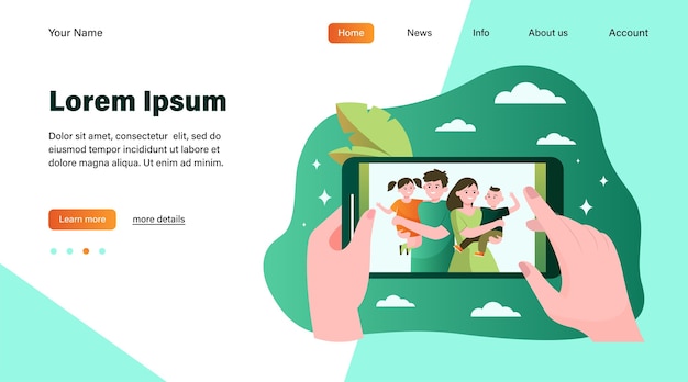 Kostenloser Vektor hände der person, die familien- und kinderfoto auf smartphone beobachtet. bild von glücklichen eltern und kindern auf handybildschirm. vektorillustration für gedächtnis-, kommunikations-, zusammengehörigkeitskonzept