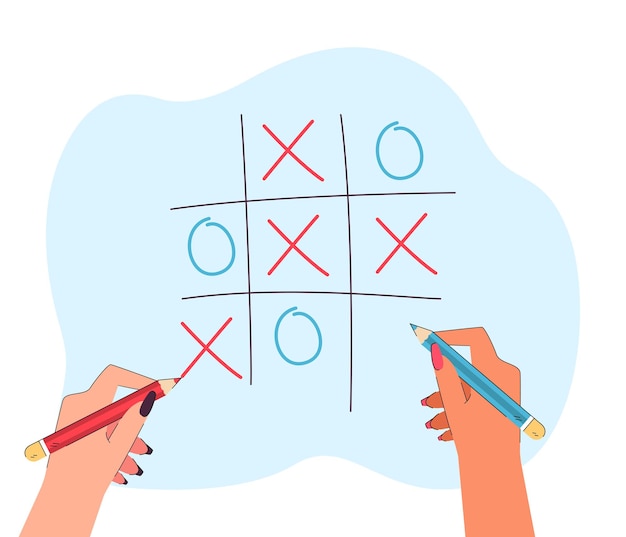 Kostenloser Vektor hände, die bleistifte halten, um tic tac toe zu spielen. leute, die kreuze und nullen im einfachen spiel für flache vektorillustration der kinder zeichnen. strategiekonzept für banner, website-design oder landing-webseite