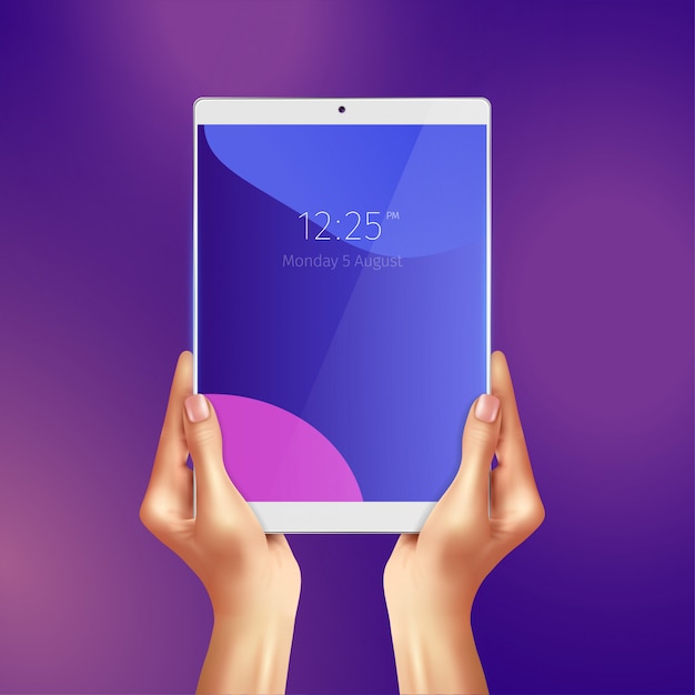 Hände, die realistische weiße tablette mit datum und uhrzeit bei bildschirmillustration halten
