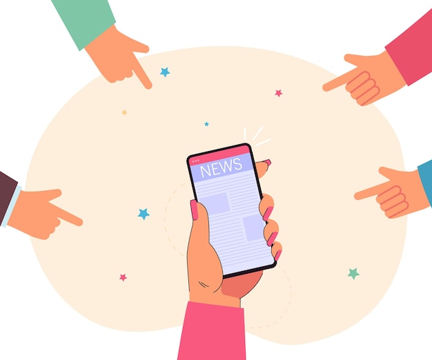 Kostenloser Vektor hände von menschen, die mit dem finger auf das handy zeigen. neueste online-nachrichten auf dem bildschirm der flachen vektorillustration des smartphones. informationen, artikelkonzept für banner, website-design oder landing-webseite