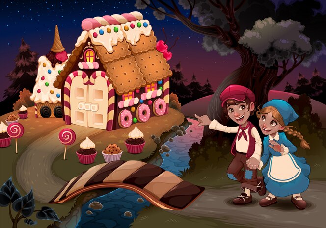 Hansel Und Gretel In Der Nahe Des Sussigkeitenhauses Kostenlose Vektor