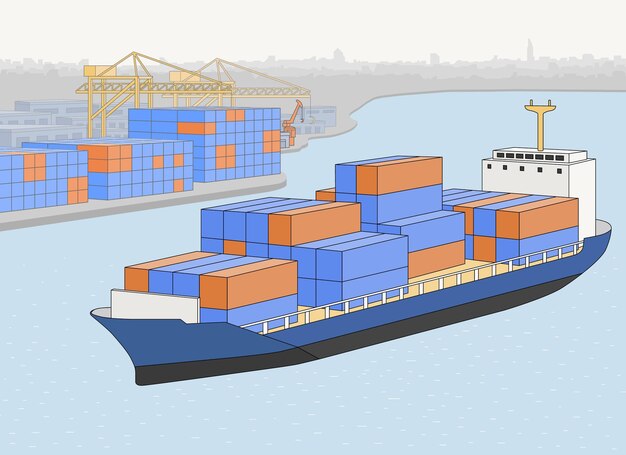 Hafenlogistik mit Containerladung auf Seeschiff und Kränen
