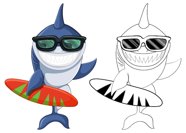 Hai-cartoon-figur mit seinem doodle-umriss-surfen