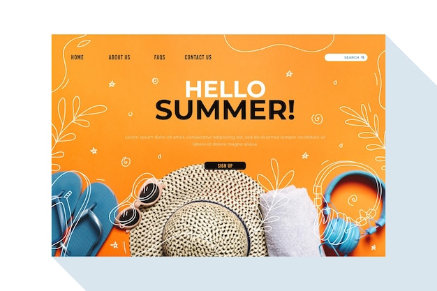 Kostenloser Vektor hallo sommer landing page mit beach essentials