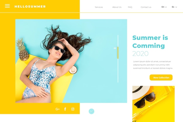 Kostenloser Vektor hallo sommer landing page mit frau im pool