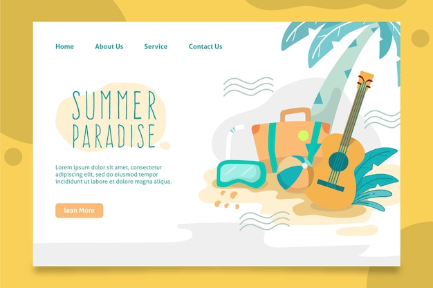 Kostenloser Vektor hallo sommer landing page mit palme und gitarre