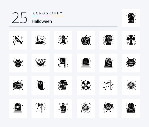 Halloween 25 solid glyph icon pack inklusive urlaub sarg lebkuchenmann schild kürbis