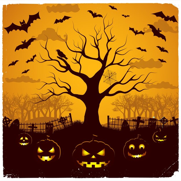 Karikatur Halloween Illustration Mit Unheimlichen Baum Bosen Kurbissen Und Friedhof Kostenlose Vektor