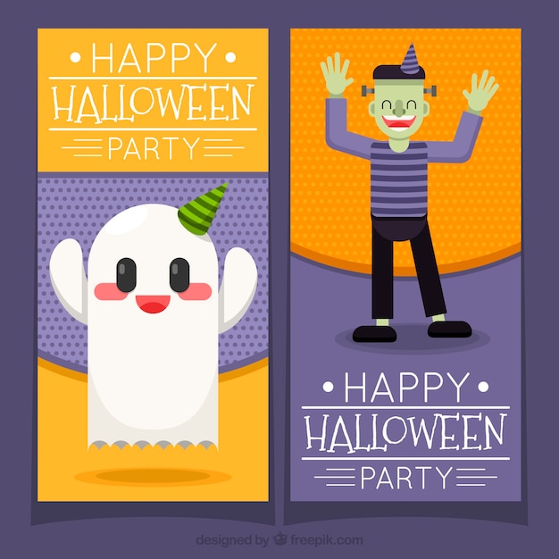 Halloween banner mit happy ghost und zombie