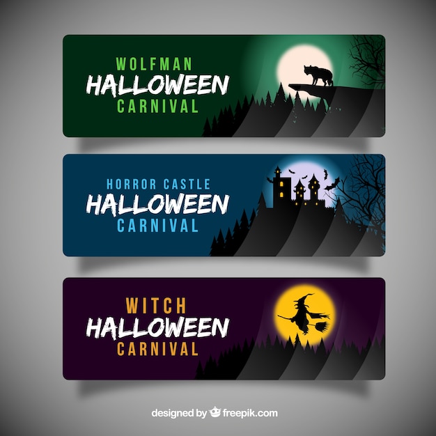 Kostenloser Vektor halloween-banner mit silhouetten