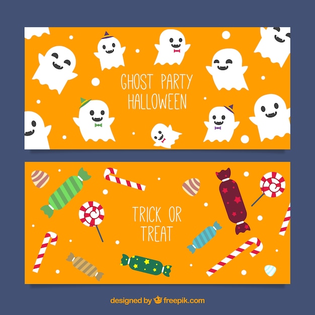 Halloween banner mit süßigkeiten und gespenstern
