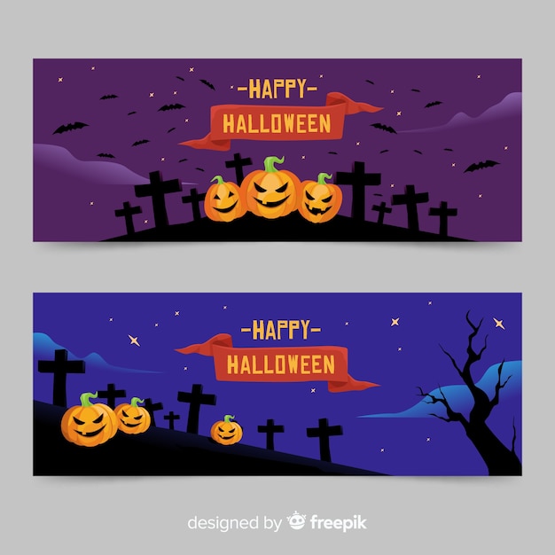 Halloween-banner-vorlagen mit kürbissen und grabsteinen