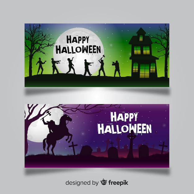 Kostenloser Vektor halloween-banner-vorlagen mit zombies