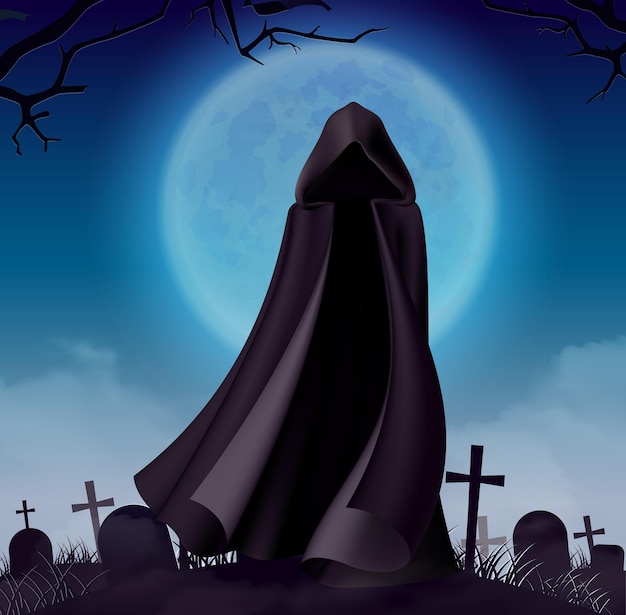 Halloween-Geisterumhang in der Nacht mit großem Mond und Blick auf Friedhof mit dunklem Kleid