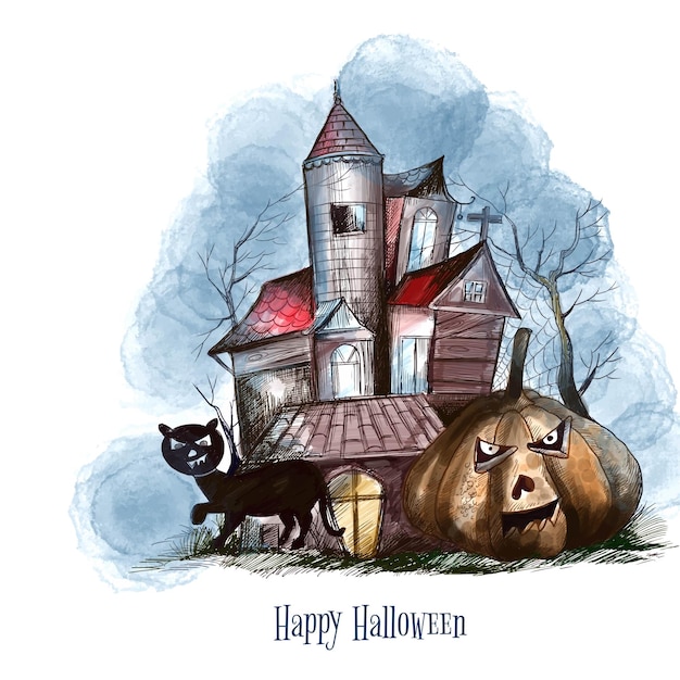 Kostenloser Vektor halloween gruseliger hausillustrations-kürbishintergrund