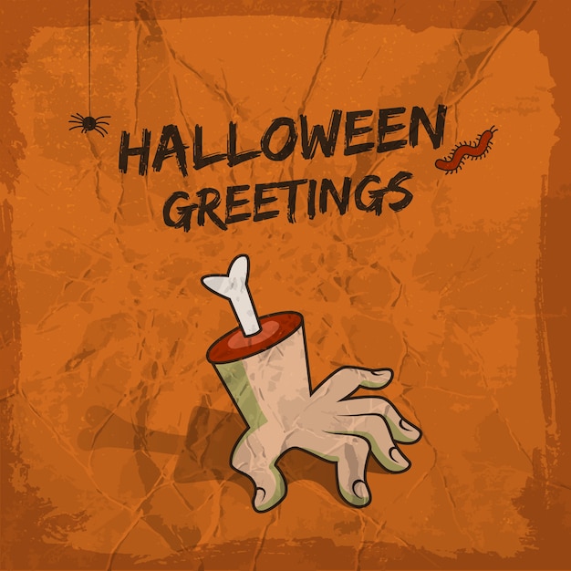Kostenloser Vektor halloween-grußentwurf mit abgetrennter hand hängender spinne und wurm