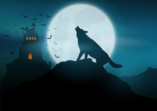 Kostenloser Vektor halloween-hintergrund mit dem wolf, der am mond heult